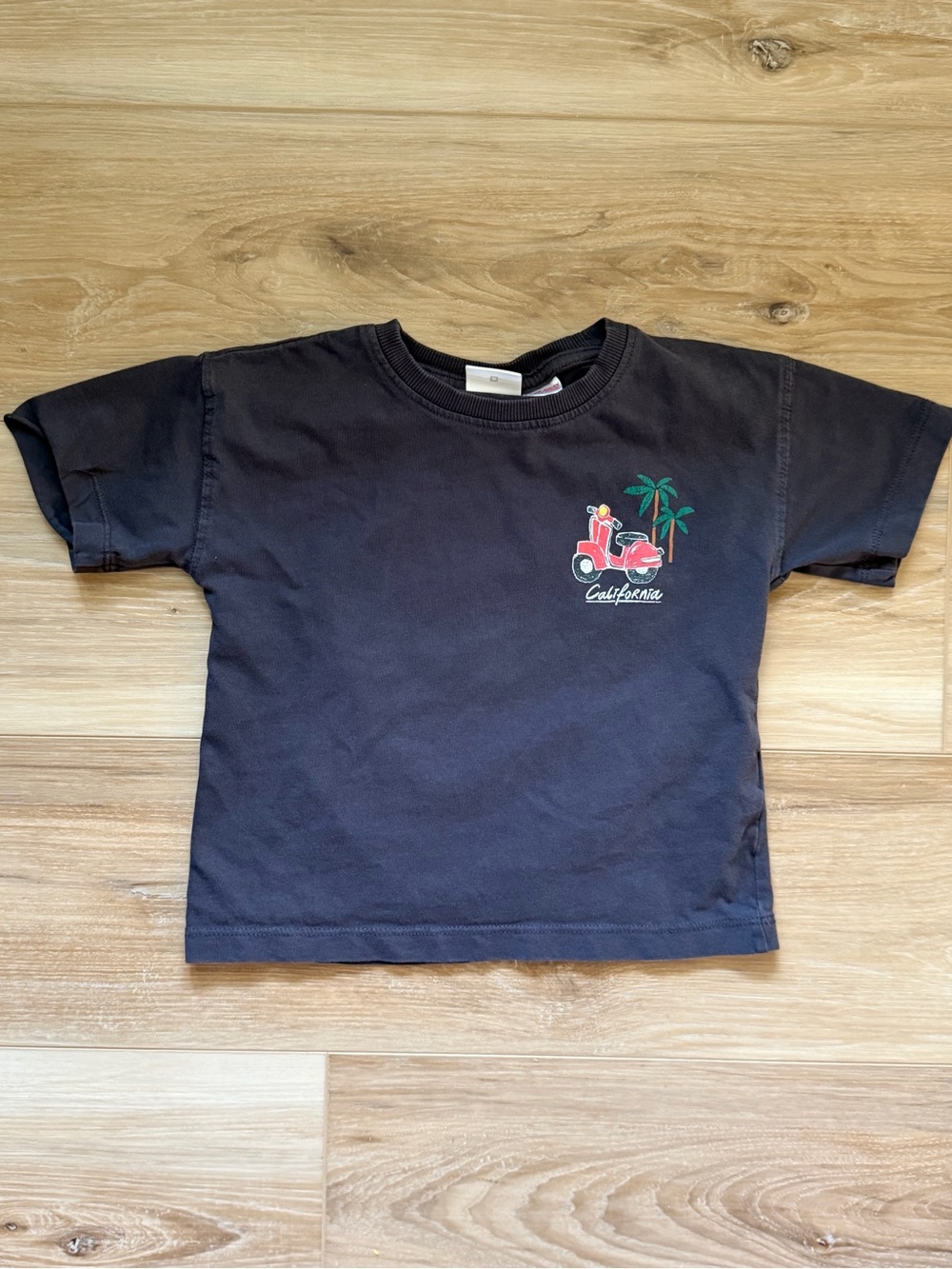 Zara Black Tee with Red Scooter and Green Palms Graphic